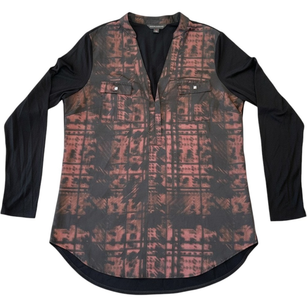 Rock & Republic Women Black Abstract Print Studded Mixed Media Blouse Medium
